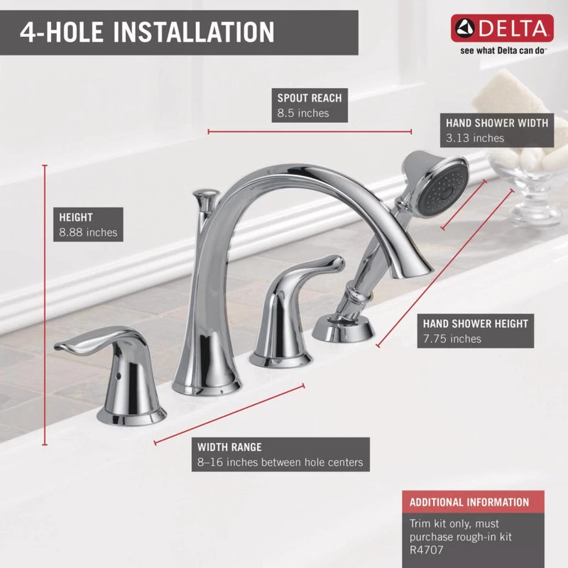 Delta T4738 Lahara Deck Mounted Roman Tub Filler Trim - Chrome 3 Delta T4738 Lahara Deck Mounted Roman Tub Filler Trim - Chrome - Image 3